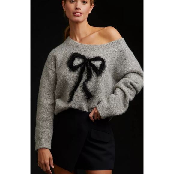 Anthropologie Sweaters - Anthropologie Maeve Bow Sweater Womens Medium Gray Novelty Metallic Sparkle
